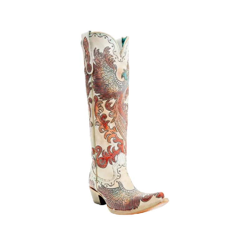 Corral Women's Hand Tooled And Painted Fire Phoenix Cowboy White Boots