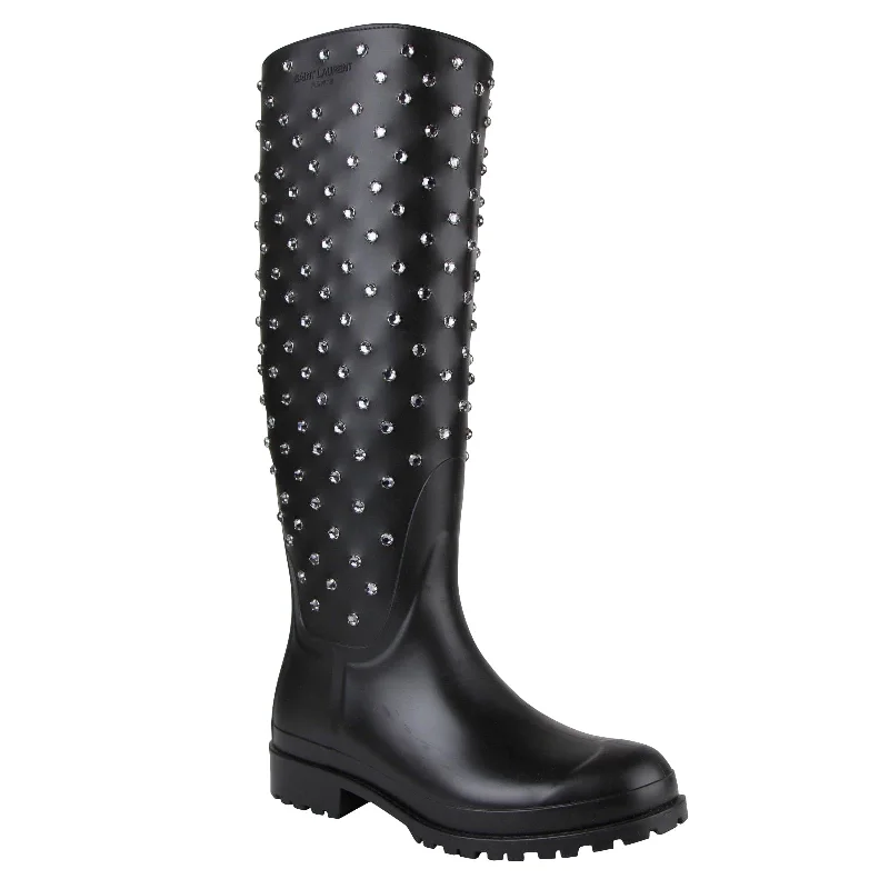 Saint Laurent Women's  Rubber Women Rain Boots With Crystal Studs (36 EU / 6 US)