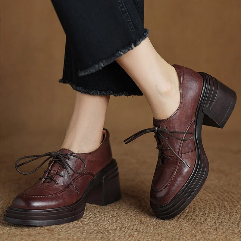 Women Round Toe Lace Up Leather Chunky Derby Shoes 70mm Block Heel in Brown/Black